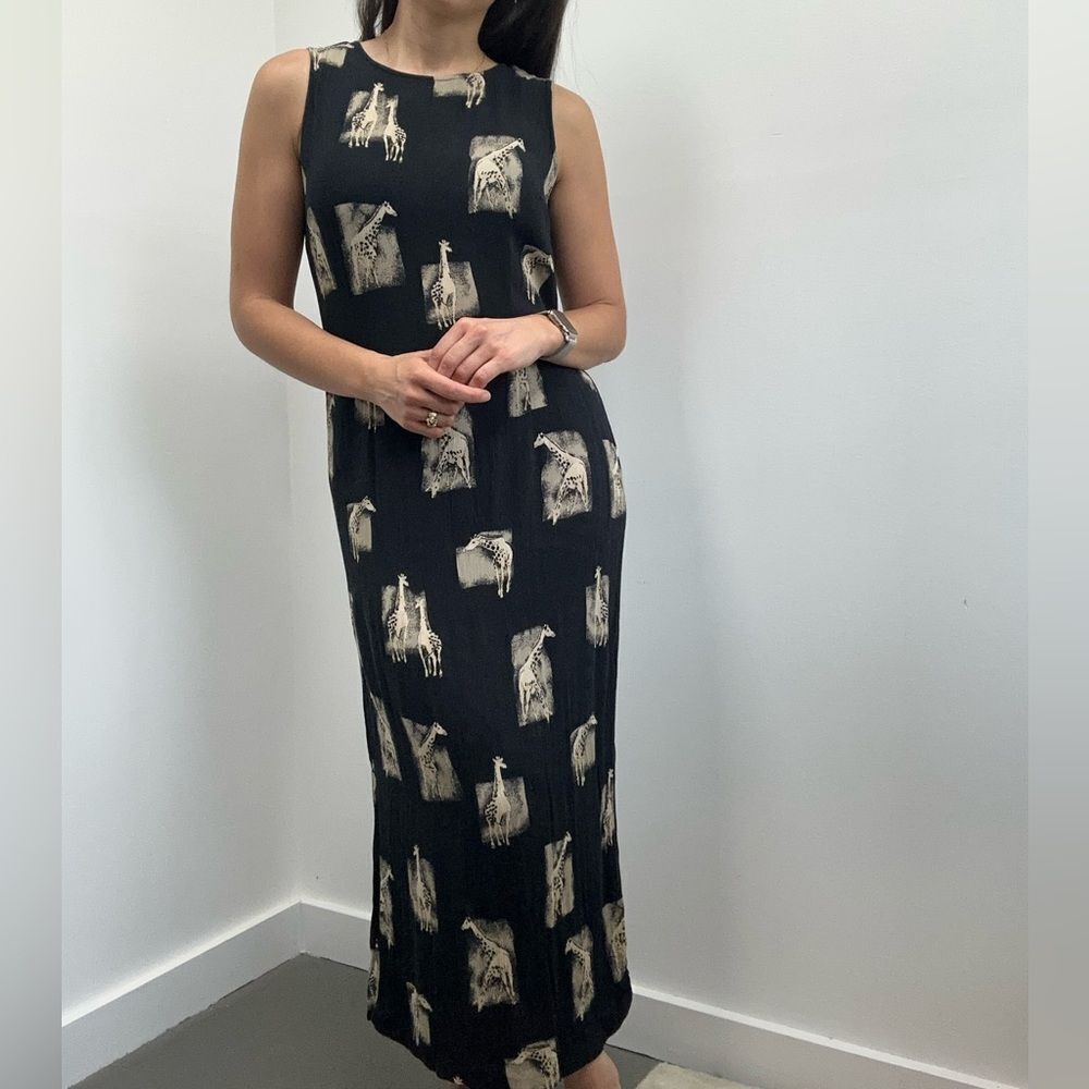 Vintage 90's Black Crinkle Safari Giraffe Theme Sleeveless Maxi/Midi Dress 8